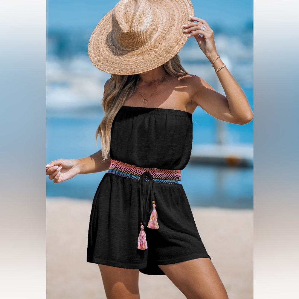 Chic Black Strapless Romper featuring a colorful belt with tassels. NWT - Large